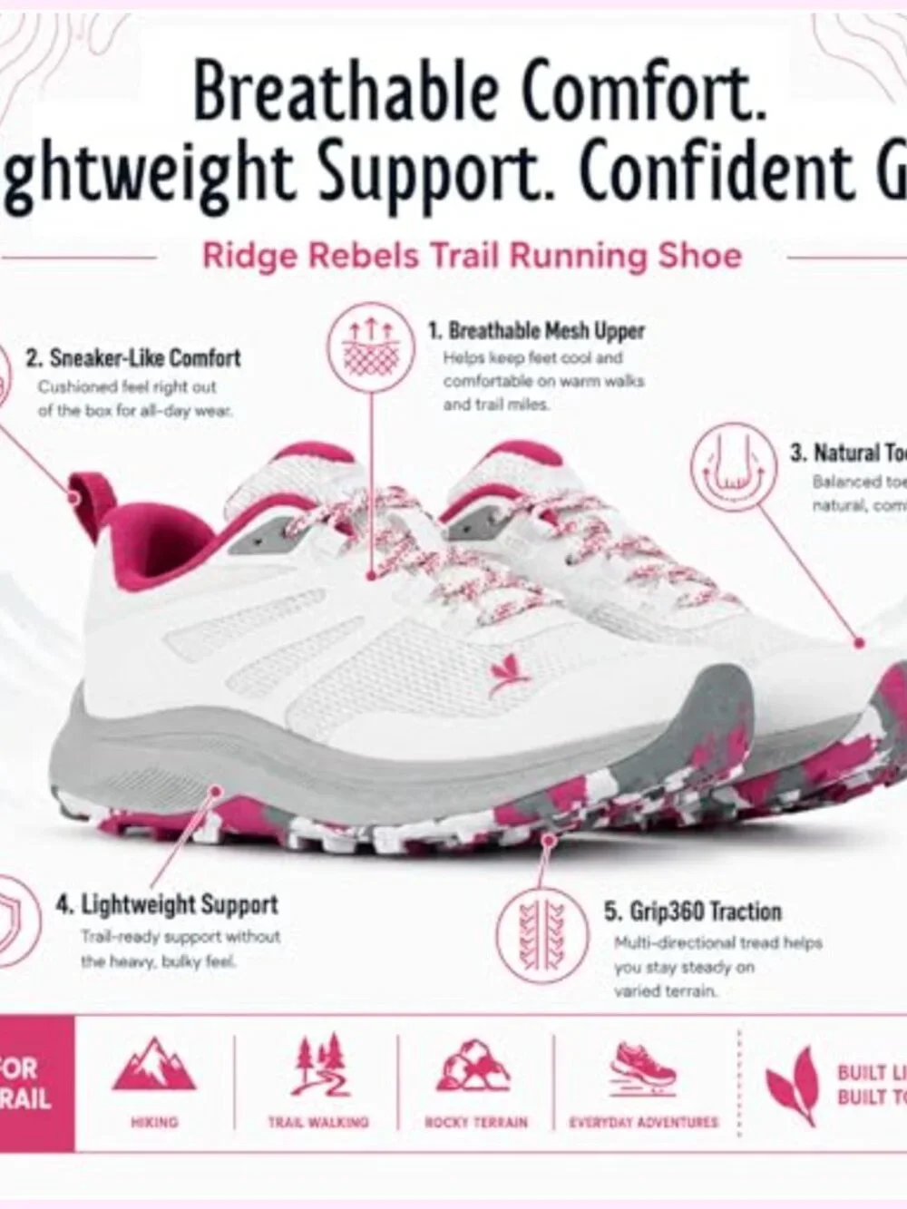Lightweight Breathable Trail Running Shoes with Grip360 Traction and Cushioned